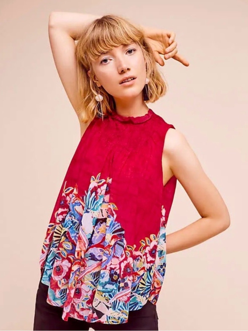 Anthropologie Dominica Red Floral Sleeveless Mock Neck Top
